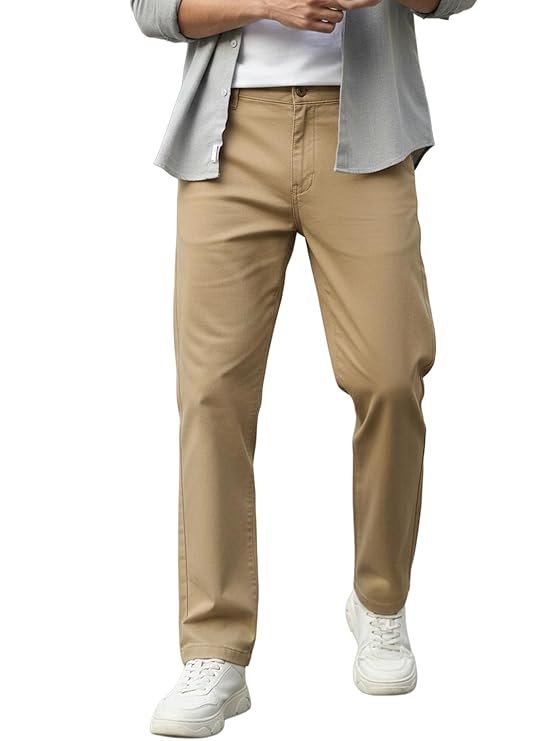 Men's Regular Fit Mid Rise Cotton Casual Chinos Trousers Stretch